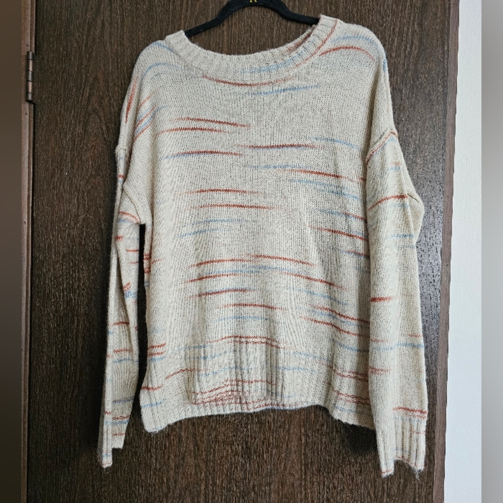 Oversized Cream, Orange & Blue a.n.a. Sweater with wide neckline and ribbed cuff